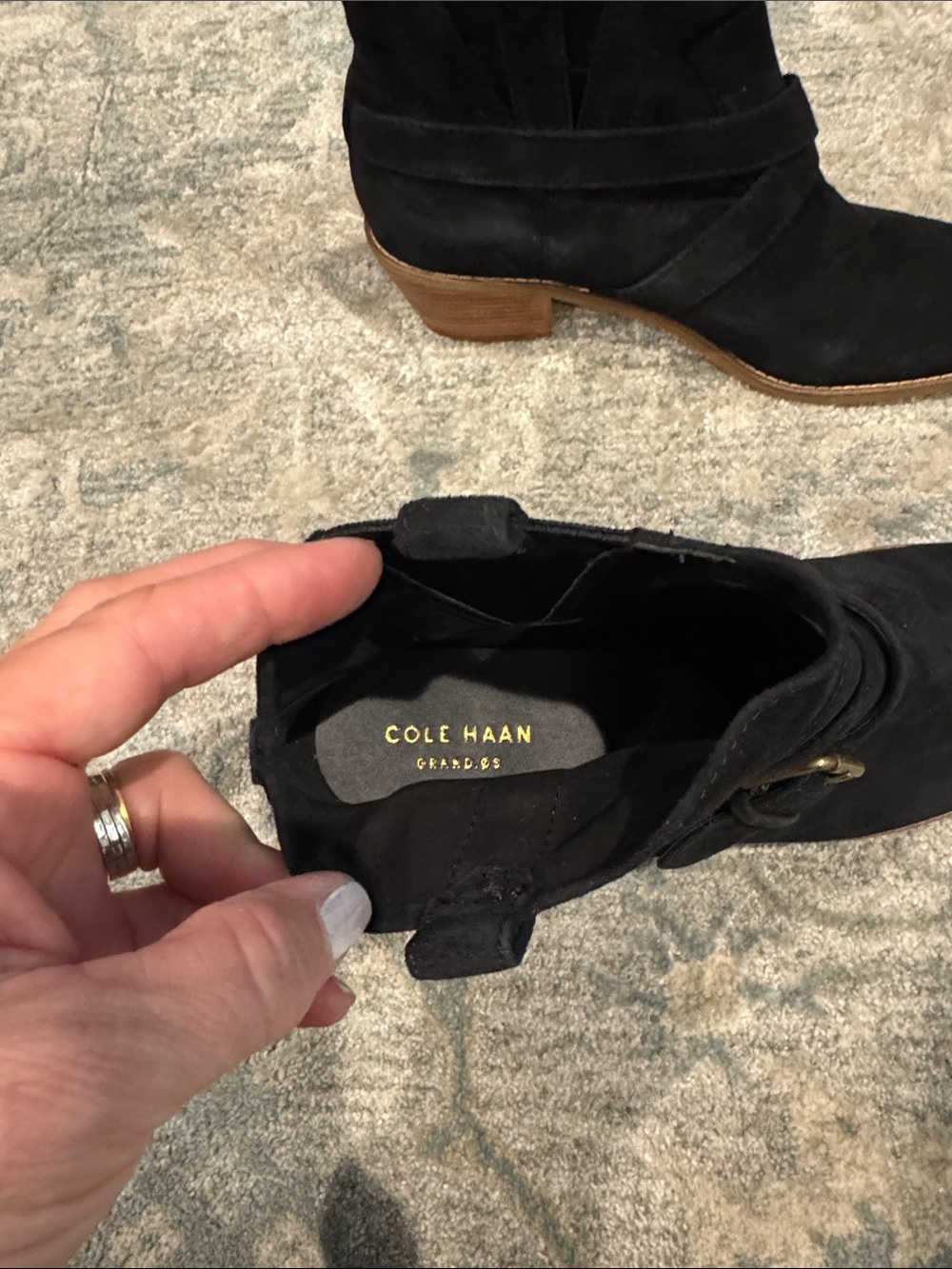 Cole Haan Black Suede Ankle Booties with Buckle Straps - Picture 3 of 7